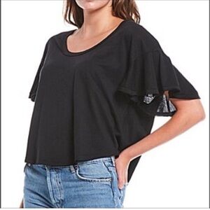 Free People Black Short Sleeve Flutter Ruffle Sleeve Top